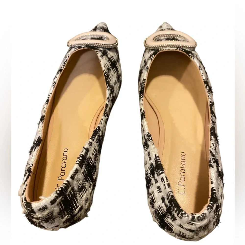 C. Paravano~Women’s Pointed Toe Leather Designer Ballet Flats, Black/White - Picture 3 of 15